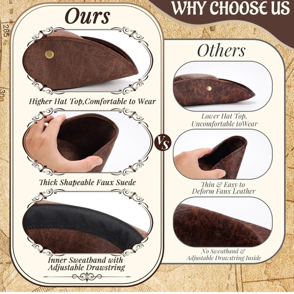 Pirate Hat for Women Men Colonial Tricorn Hat Halloween Pirate Costume 3PC - Picture 4 of 12